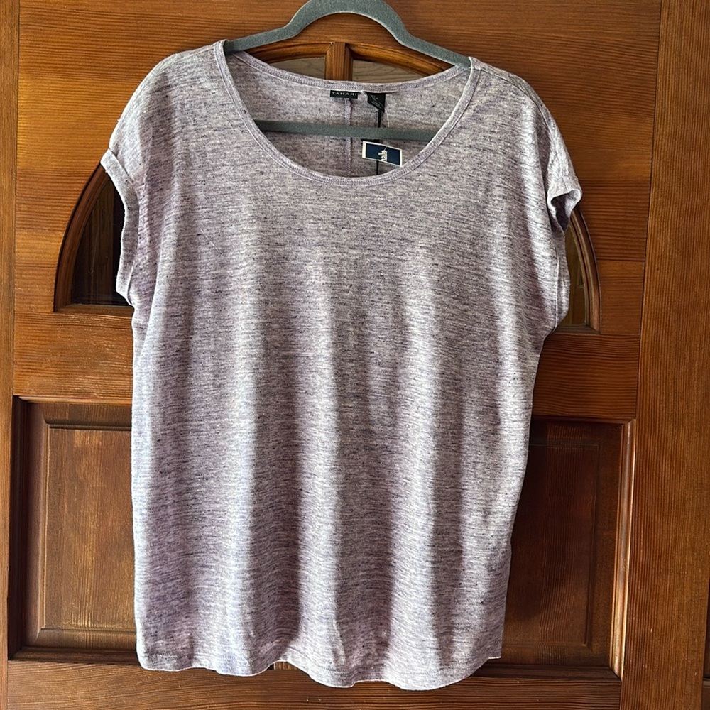 Tahari Purple Linen Scoop Neck Cap Sleeve T-Shirt w/Seam Detail Sz Large NWT